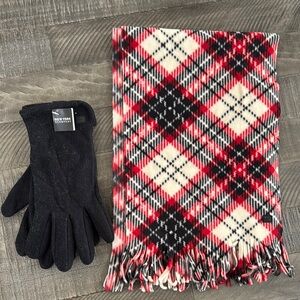 New York & Company Red and Black Plaid Scarf with Black Gloves